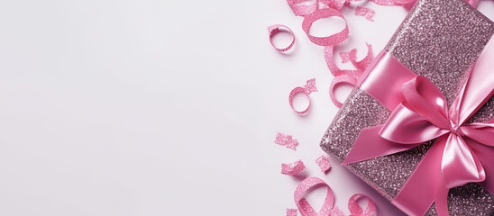 top view on pink glitter gift box with a pink ribbon on white background, banner, copy space, generative ai