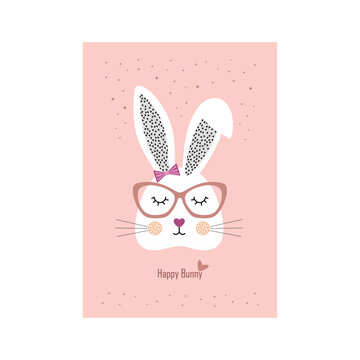 Happy bunny girl in glasses illustration in purple tones