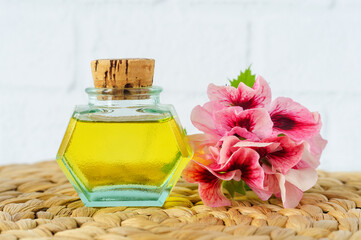 Small vintage bottle with essential geranium oil (pelargonia massage oil, tincture, infusion, extract). Aromatherapy, homemade spa and herbal medicine ingredients.