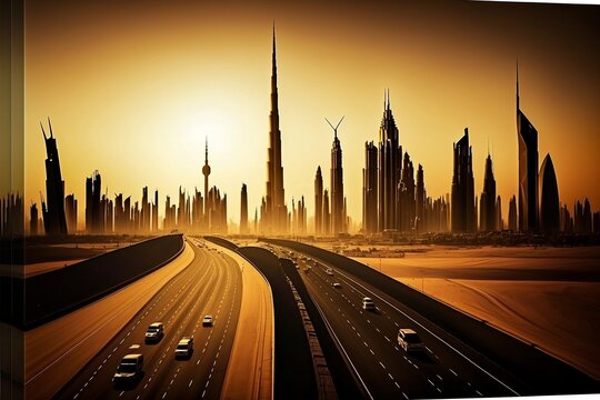 Dubai Skyline during Sunset featuring Burj Khalifa, the World's Tallest Building, and Sheikh Zayed Road Traffic. Generative AI