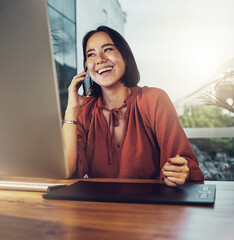 Phone call, business and funny with woman in office for networking, communication and negotiation....