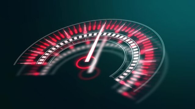 Futuristic 3D speedometer HUD UI element animation. The arrow moves realistically.