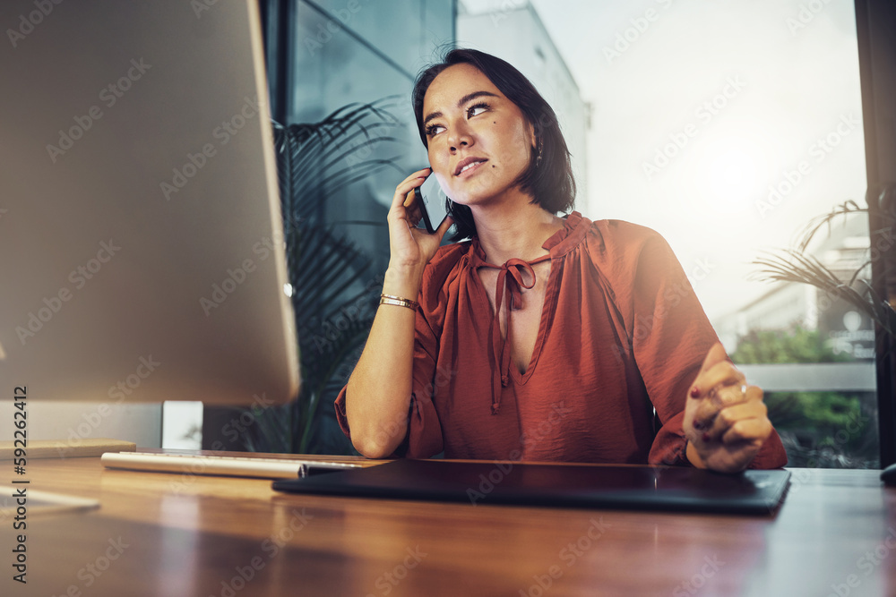 Aufkleber phone call, business and focus with woman in office for networking, communication and negotiation. c