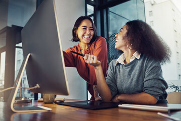Collaboration, computer and business women in the office while working on a corporate project...