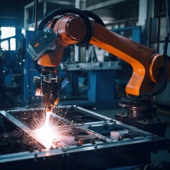 Fototapeta premium In the factory, a robot's hand is working on a steel welding building and an electronic equipment. generative ai