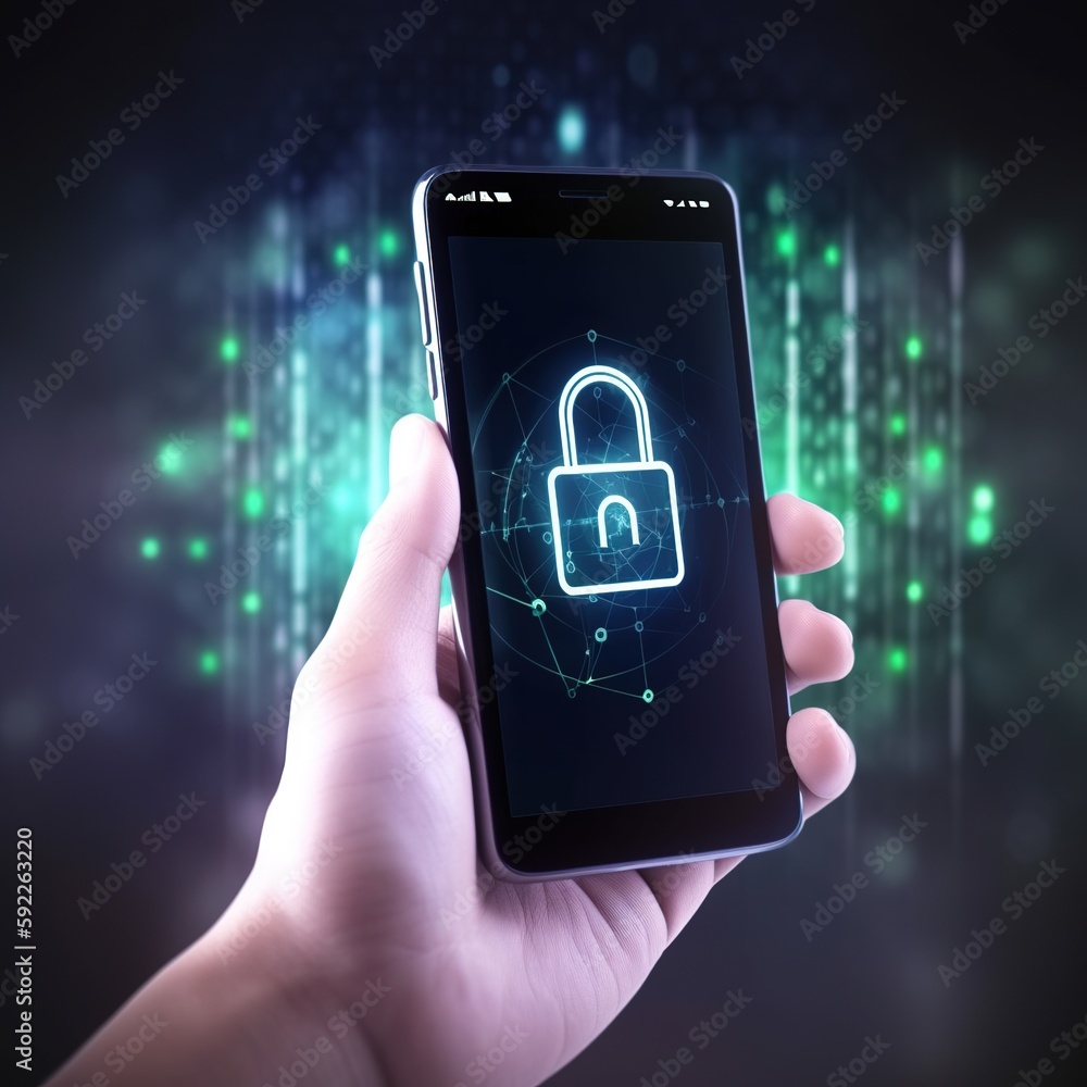 Poster hand use smartphone with cybersecurity is the concept of information security and encryption, secure