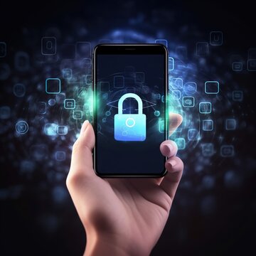 Hand usage smartphone with cybersecurity is the concept of data security and encryption, secure access to personal information, and so forth. generative ai