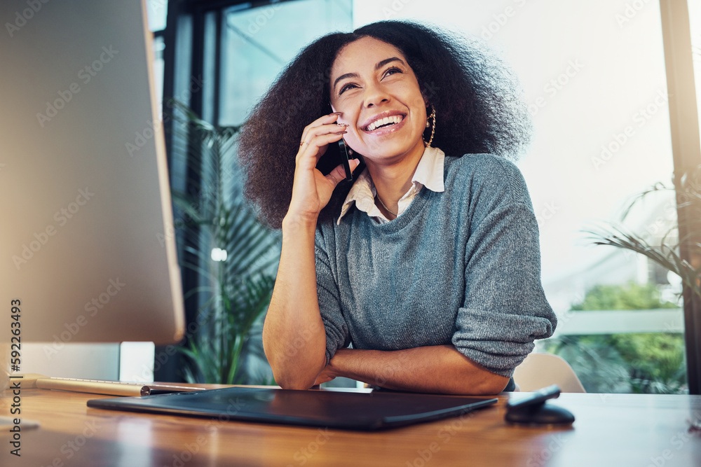 Aufkleber phone call, business and laughing with woman in office for networking, communication and negotiation