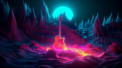 Abstract neon background. Fantastic landscape music notes with glowing musical notes symbol. Generative AI.