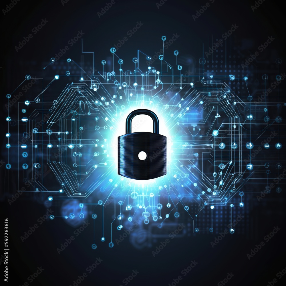 Poster lock and key with technological network. security, password. generative ai