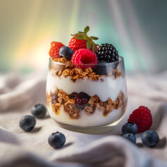 Blueberry and raspberry parfaits in bowl, scene on a rustic style background