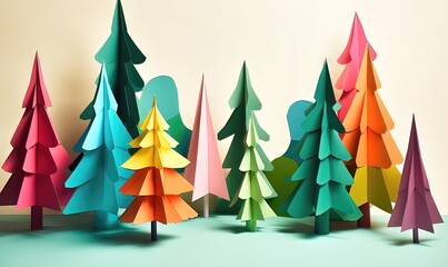 Sapins de Noël colorés en papier découpé. Idéal pour une carte postale de Noël de vacances