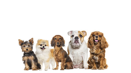 Group of five different breeds dogs in a row, looking at the camera, some are cute, panting or happy, isolated on white