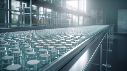 Pharmaceutical manufacture background with glass bottles with clear liquid on automatic conveyor line. COVID-19  production platform. Generative AI.