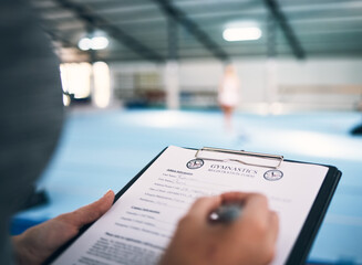 Hand, documents and sign up in a gym with a coach watching a performance for membership or...