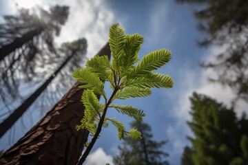 young sequoia tree reaching for the sky with its first new leaves of spring, created with generative ai