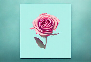 Beautiful pink rose on teal background greeting card. Digitally generated AI image