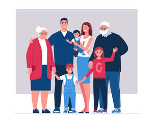 Big happy family. General portrait of children, mother, father, grandmother, grandfather in full growth. Flat character vector illustration.