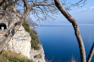 Gardone Riviera, Italy: View of Gardone Riviera at the lakeside of Lake Garda in spring in a sunny day