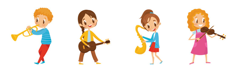 Little Boy and Girl Characters Playing Musical Instruments Vector Illustration Set