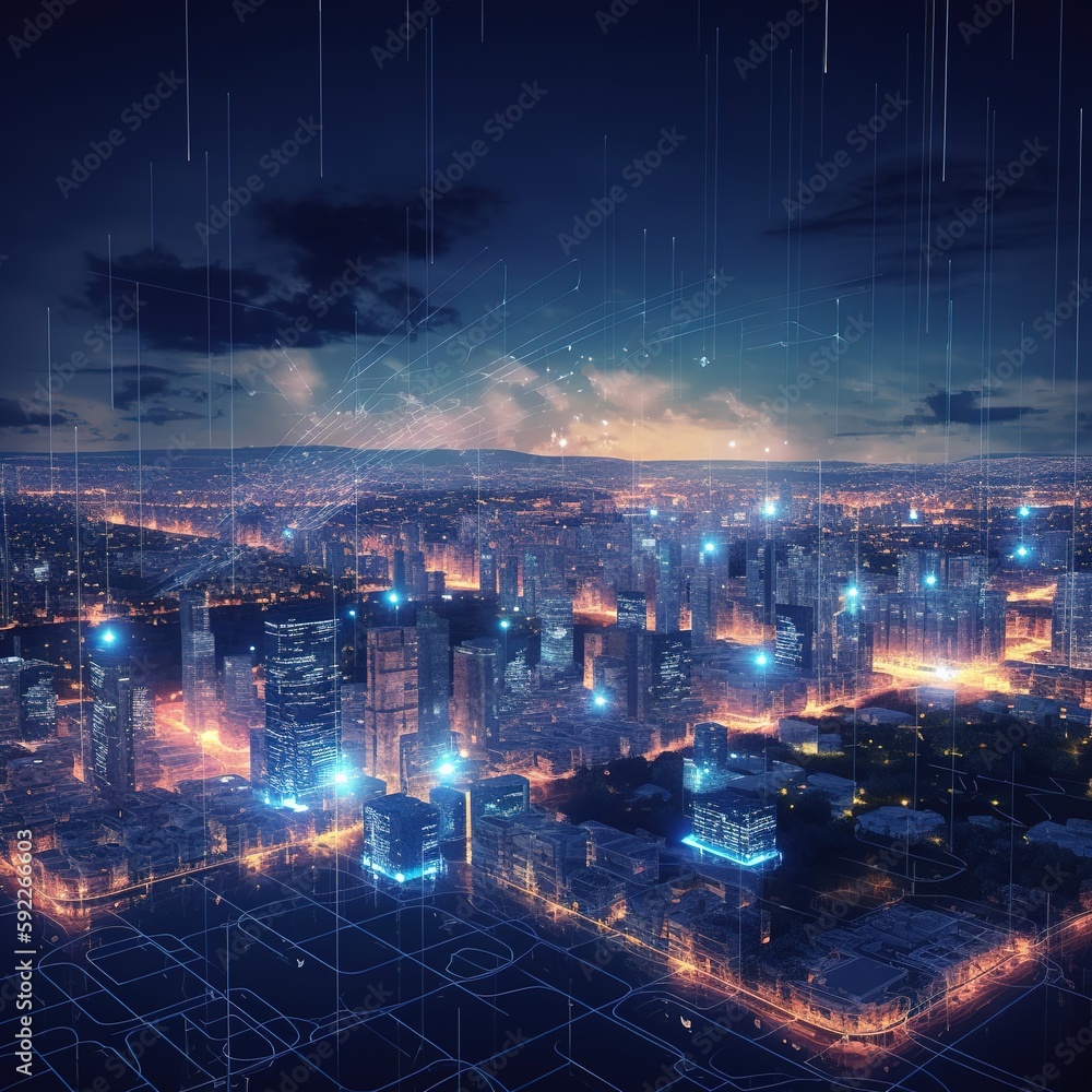 Poster view of the city, smart city and abstract line and dot connect with gradient line design, big data c