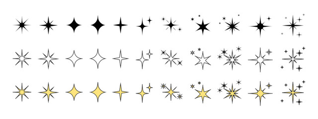 Glittering night sky stars set, yellow, gold glitter vector icon illustration stock