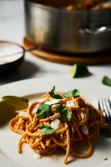 Plate with Mexican pasta. Pasta with tomato sauce with chilli puree, feta and cream cheese. Spaghetti macaroni boiled al dente and mixed with sauce