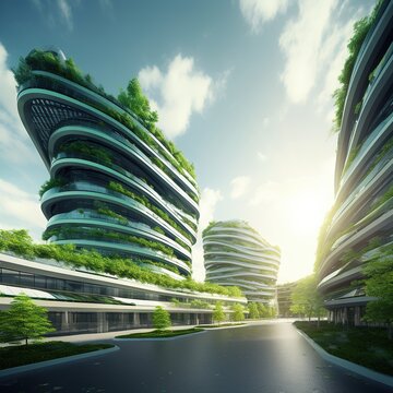 Sustainable Green City With Futuristic Office Building And Architecture. Generative Ai