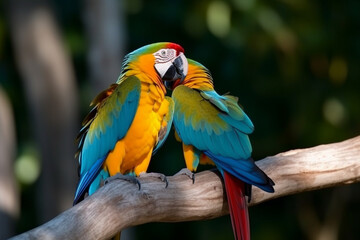 a pair of cute macaws on a tree branch