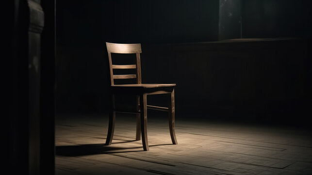 Single old wooden chair in an empty clean room with wooden planks on the ground. Generative AI.
