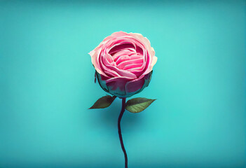 Beautiful pink rose on teal background greeting card. Digitally generated AI image