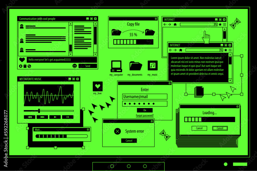Fototapete The screen of an old retro PC in the y2k style. Retro wave and vaporwave background. Bright vintage computer interface