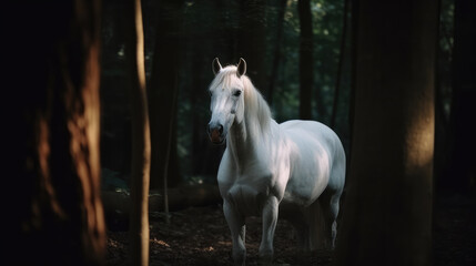 Obraz na płótnie Canvas Single beautiful gray horse standing between the trees of a dark forest as a mystical shot. Generative AI.