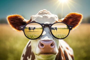Funny cow with sunglasses, Spring field background, sunny day. Generative AI