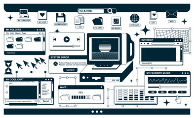 The screen of an old retro PC in the y2k style. Retro wave and vaporwave background. Bright vintage computer interface