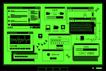 The screen of an old retro PC in the y2k style. Retro wave and vaporwave background. Bright vintage computer interface