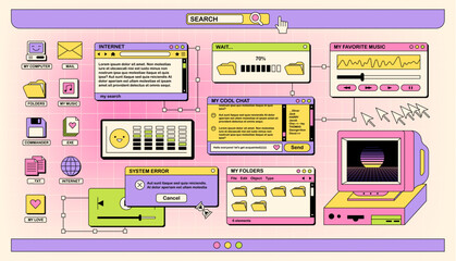 The screen of an old retro PC in the y2k style. Retro wave and vaporwave background. Bright vintage computer interface