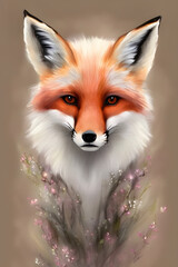 Beautiful fox with floral decor. Colorful wildlife portrait. Poster for spring holidays, generative AI.