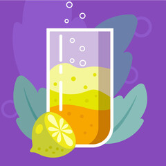 Colorful flat cocktail in a glass decorated with lime juice 