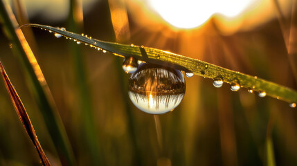 Close up of water drops of the dew hanging at the grass plant. Generative AI.