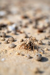 Micro Nature and Landscape Beach spiders, small size, hairy bodies, long legs, camouflaged colors, sandy habitat, scurrying movement, coastal environment, sandy beach, dunes 4 - AI Generative