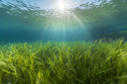 Micro Nature and Landscape Eelgrass, long slender leaves, green hues, submerged underwater, swaying motion, shallow coastal waters, sandy seabed, dappled sunlight 3 - AI Generative