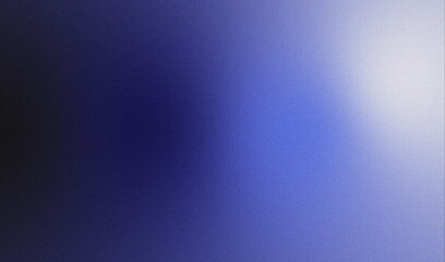 Color gradient grainy background, blue black white illuminated spots on black, noise texture effect