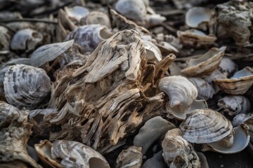 Micro Nature and Landscape Oyster shells, irregular shapes, jagged edges, calcified exterior, pearlescent interior, coastal scene, sandy beach, scattered seashells, driftwood 3 - AI Generative
