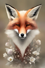 Beautiful fox with floral decor. Colorful wildlife portrait. Poster for spring holidays, generative AI.