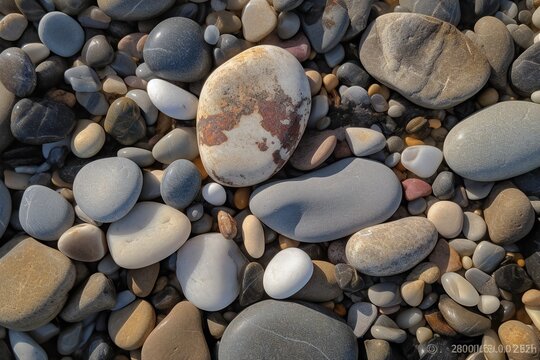 Micro Nature and Landscape: Pebbles and stones, various shapes, sizes, colors, smooth surfaces, weathered edges, interplay of light, shadows, water-worn, scattered on sandy beach 2  - AI Generative