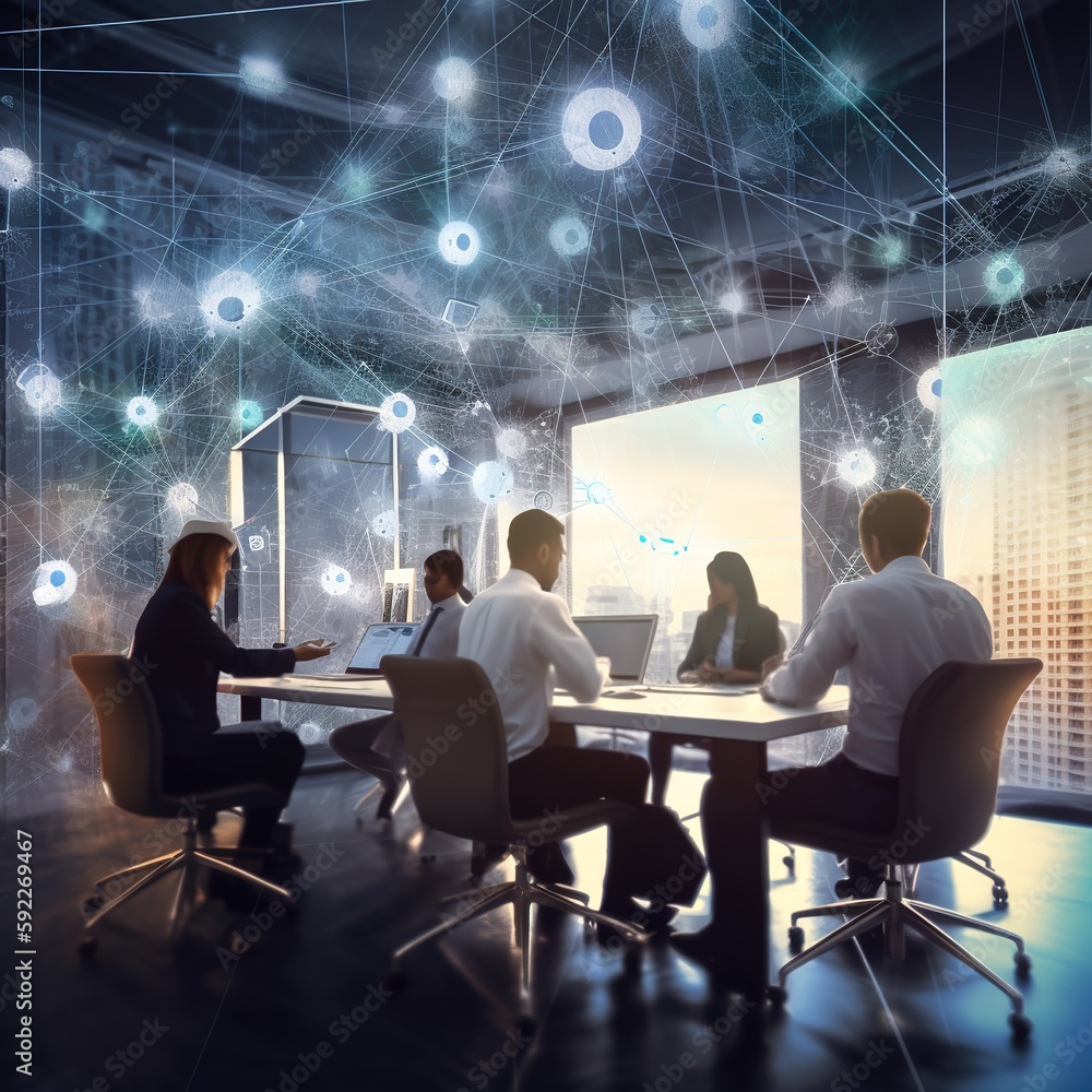 Poster abstract networking in the evening office with digital marketing software, data analysis code, or te
