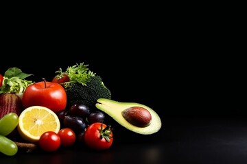 Healthy food on the black background with copy space. Fruit, vegetable, seeds, superfood, leaf vegetable. Healthy eating concept. Generative AI