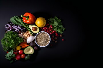 Obraz na płótnie Canvas Healthy food on the black background with copy space. Fruit, vegetable, seeds, superfood, leaf vegetable. Healthy eating concept. Generative AI