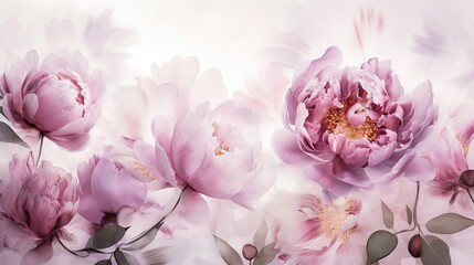 Beautiful Art Illustration of pink poenies on pale pink & white background. Poeny. Poenies. Pink. Background. Close-up. Wallpaper, art, print, cards. Spring. Generative AI.
